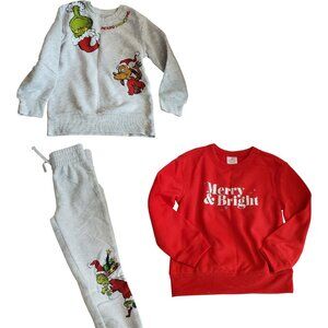 Kid's‎ Merry Bright & Grinch Set Holiday Christmas Sweatshirt Sweats XS X Small